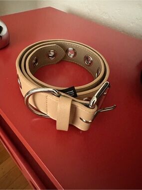 Urban Outfitters Beige Faux-Leather Grommet Belt with Silver Hardware